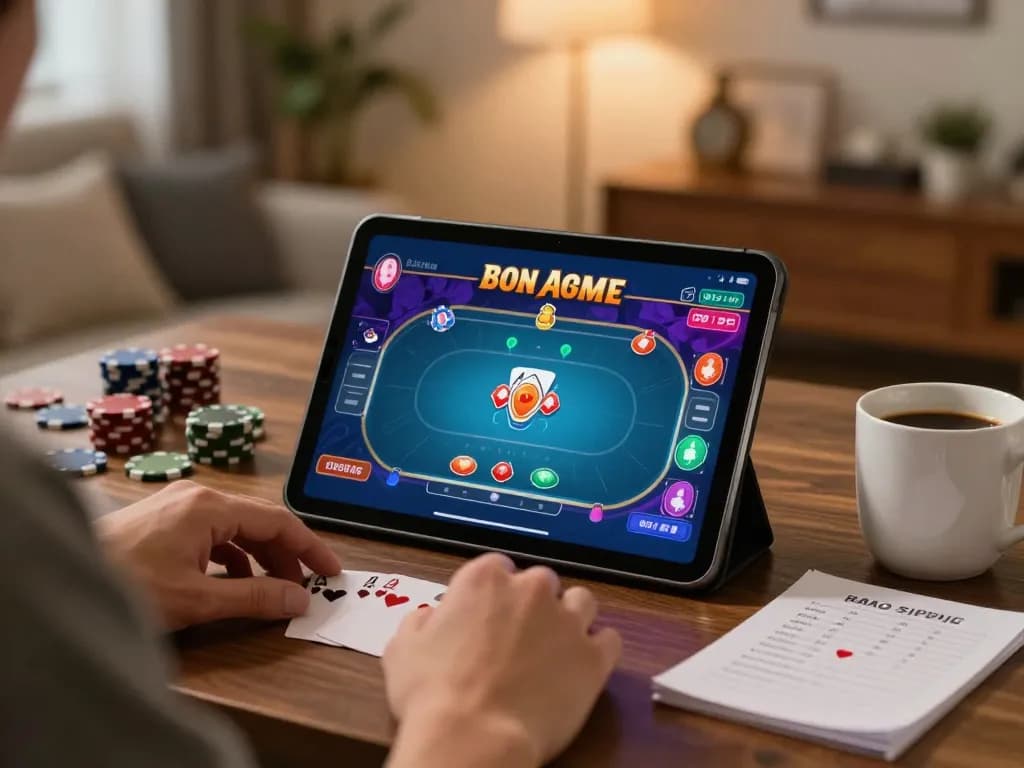 Engaging online gaming experience at https://www.atqvn.com/ with a player using a tablet and poker strategy notes.