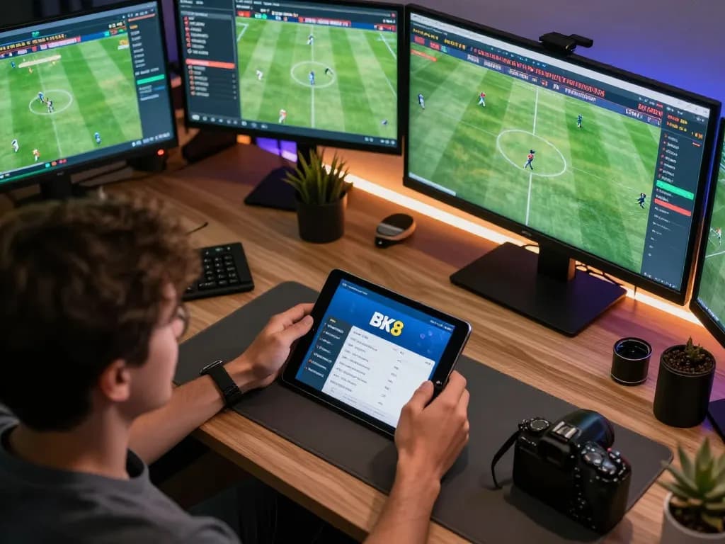 Engaging in BK8 sports betting analysis with multiple screens displaying live matches and betting odds.