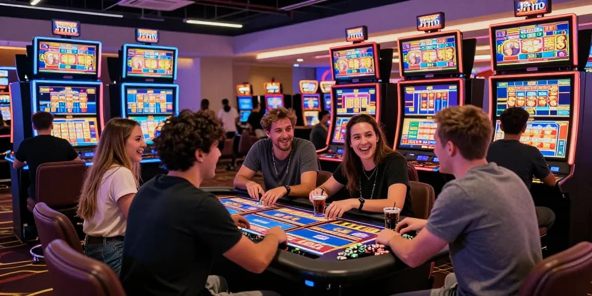 Group enjoying an exciting gaming experience at JPTOTO slots in a lively casino.
