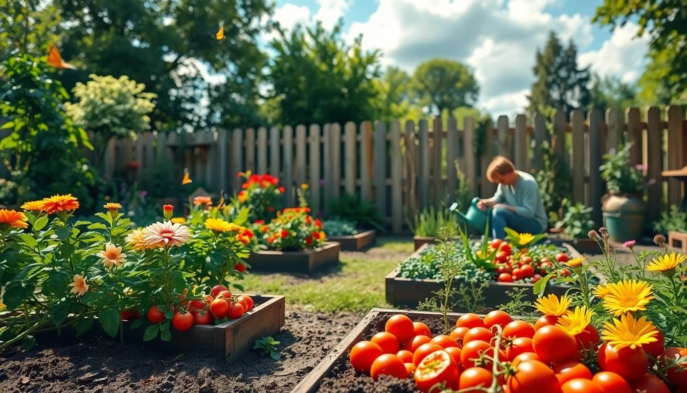 Gardening in a vibrant backyard with blooming plants and a gardener tending to vegetables.