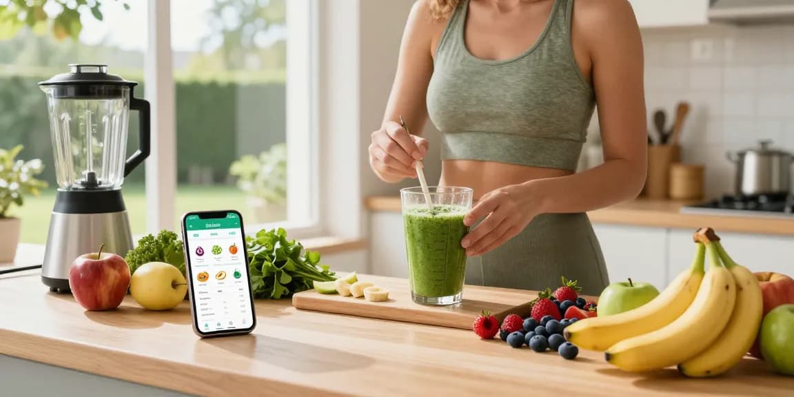 The best macro tracking app displayed on a smartphone in a bright kitchen while preparing a healthy smoothie.