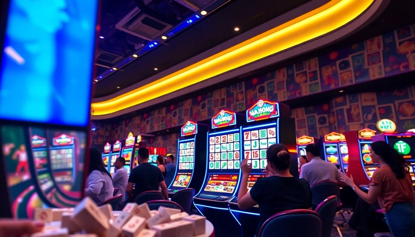 Main attraction slot demo mahjong di kasino penuh semangat dengan pemain yang berinteraksi.