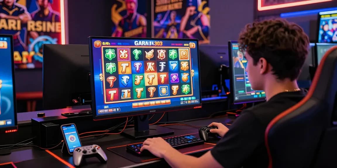 Engaging player enjoying garuda303 slot online at a modern gaming setup with vibrant graphics and accessories.