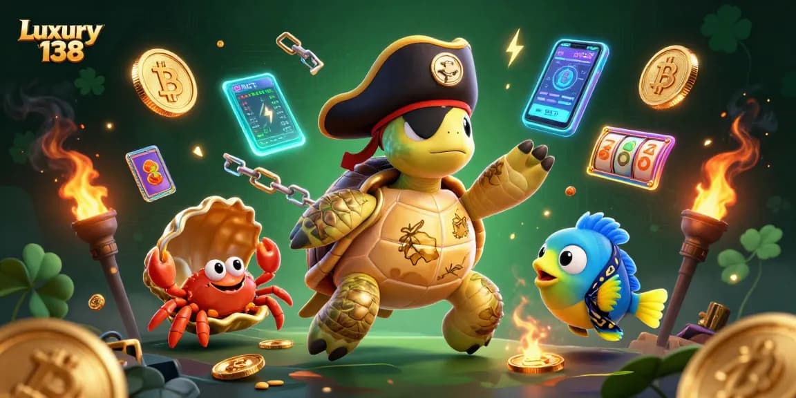 Engage in thrilling games at Luxury 138 with vibrant characters and crypto elements in a dynamic casino scene.