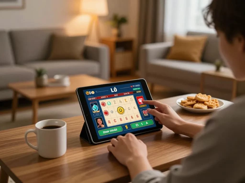 Lô đề online gameplay in a cozy home setting with dynamic tablet interaction.