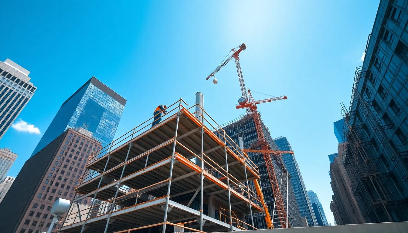 New York Commercial General Contractor overseeing a construction project with urban skyline.