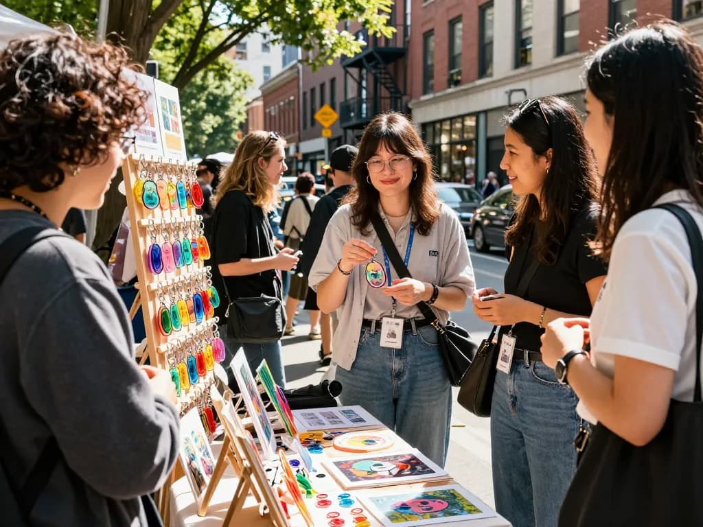 Custom acrylic keychains displayed by an artist at a vibrant urban market, showcasing creativity and craftsmanship.