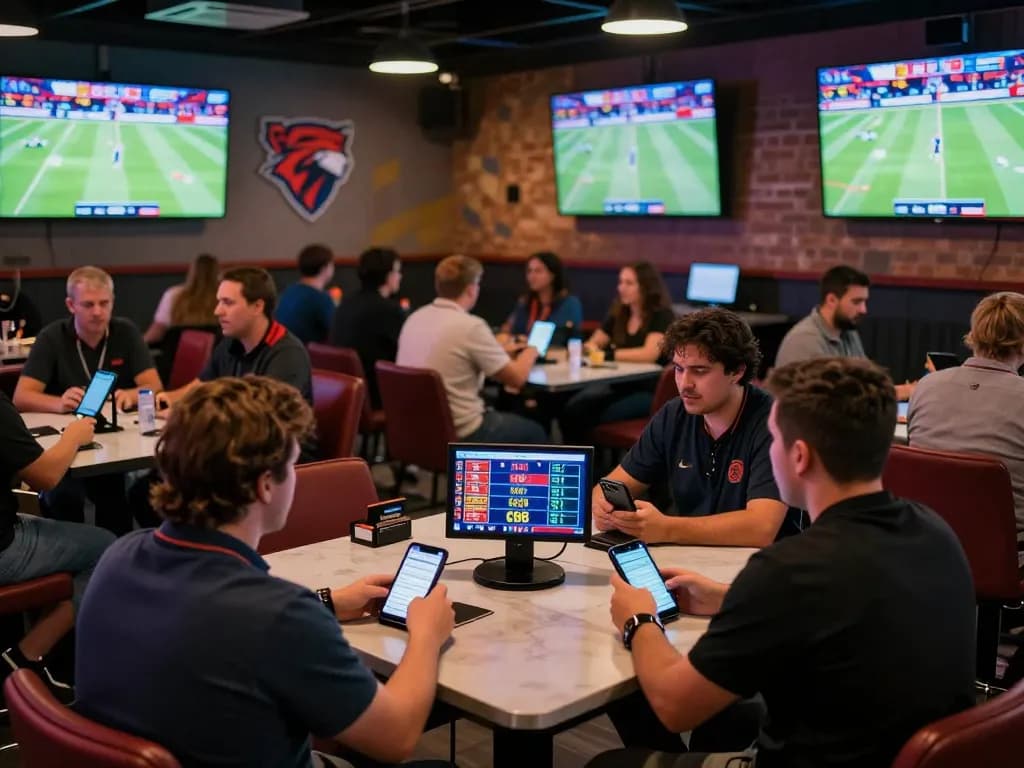 KQBD scores displayed in an upbeat sports betting lounge featuring excited fans engaged in live betting, dynamic atmosphere.