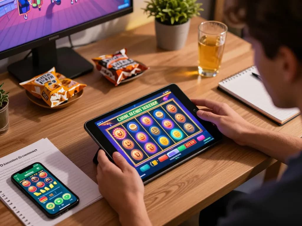 Engaging with demo slot games on tablet in a cozy home gaming setup