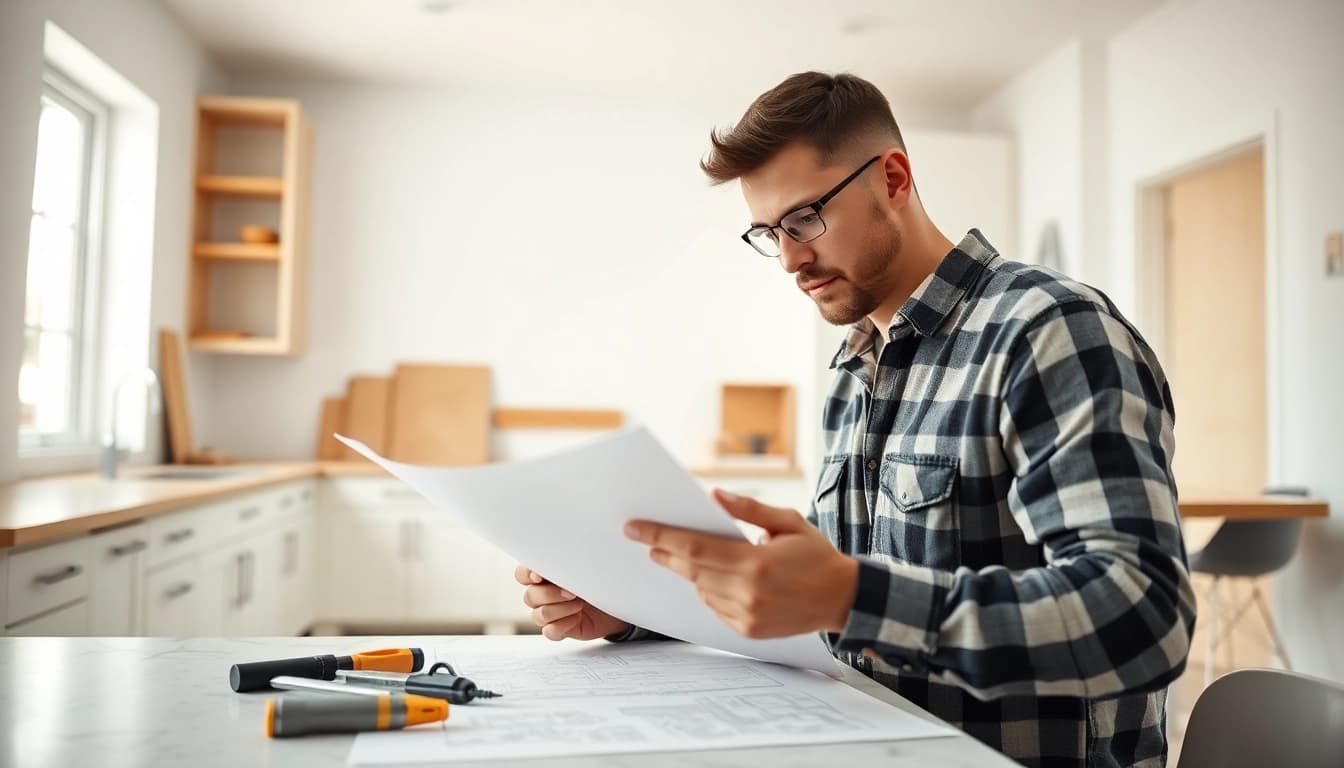 Contractor overseeing a home renovation project in a bright, modern kitchen setting.