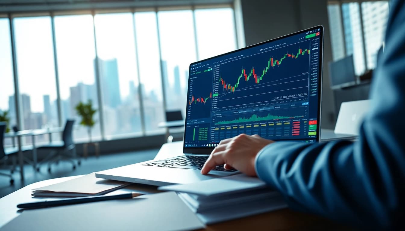 Trader analyzing charts on hotforex mt4 in a vibrant office setting