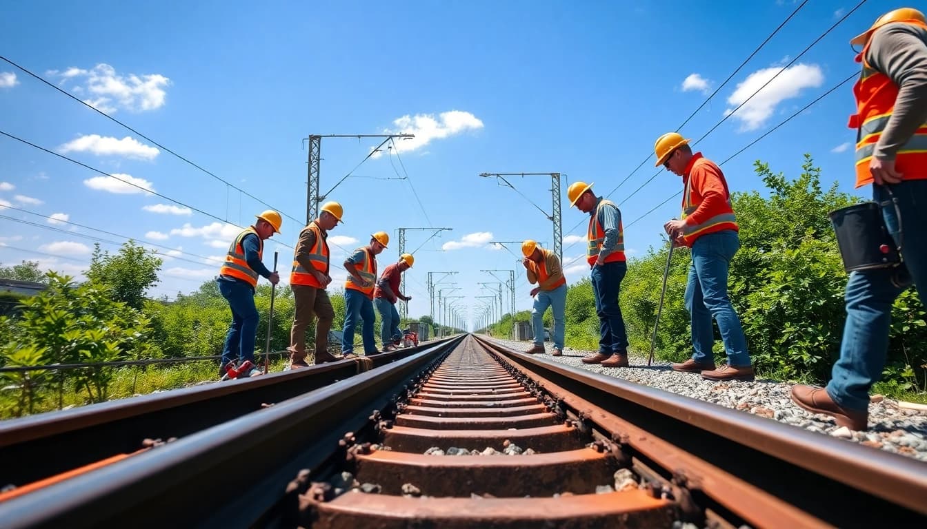 Railroad maintenance crew diligently inspecting tracks with tools for upkeep.