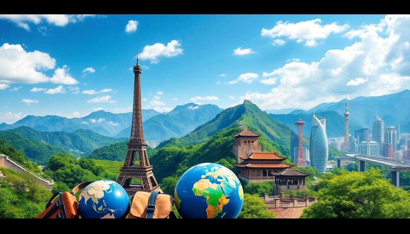 Showcasing round the world destinations with famous landmarks in a vibrant travel scene.