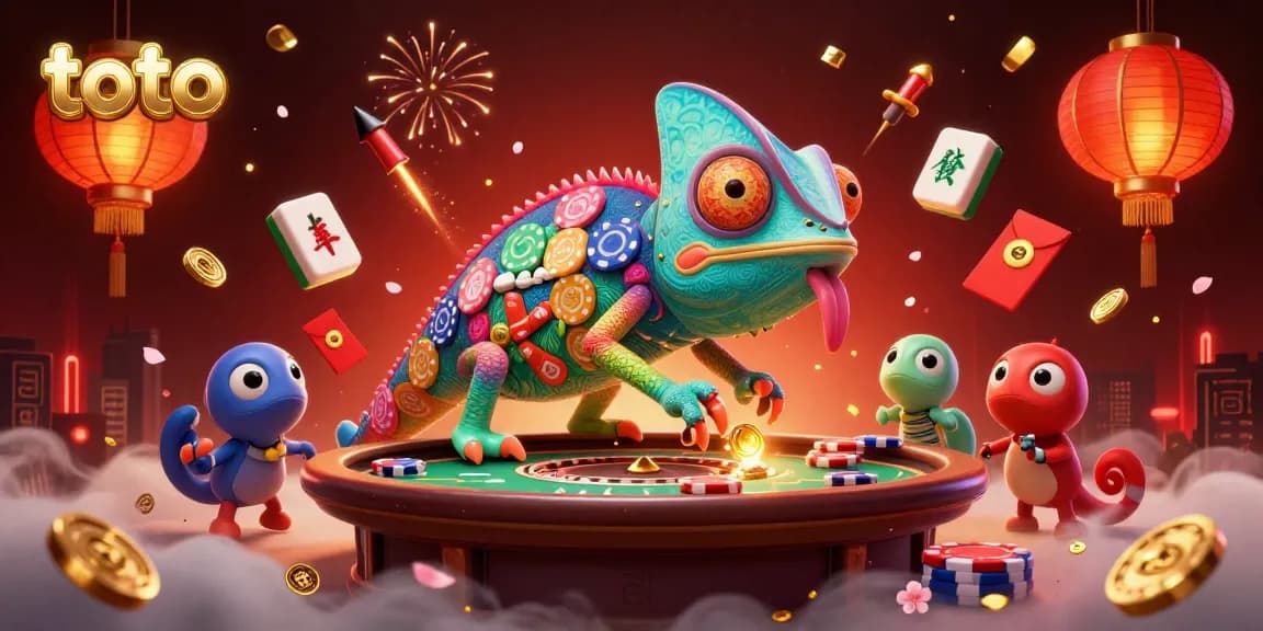 Toto-themed casino illustration showing a chameleon owner capturing golden coins, surrounded by dynamic gambling elements.
