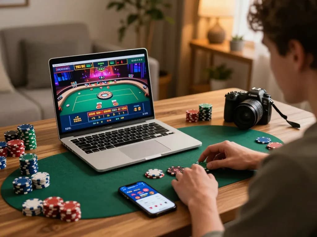 TG88 online player engaging with a live dealer game on laptop in a cozy home setting.