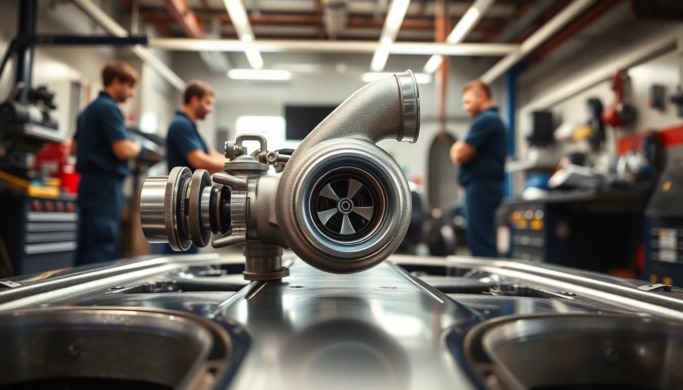 Install a Turbosmart turbo system in a professional automotive workshop with detailed craftsmanship.