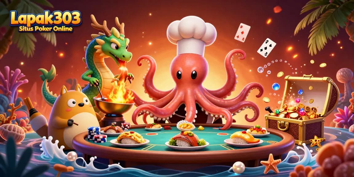 Engage with Lapak303 Situs Poker Online through a vibrant 3D illustration showcasing exciting poker action and unique characters.