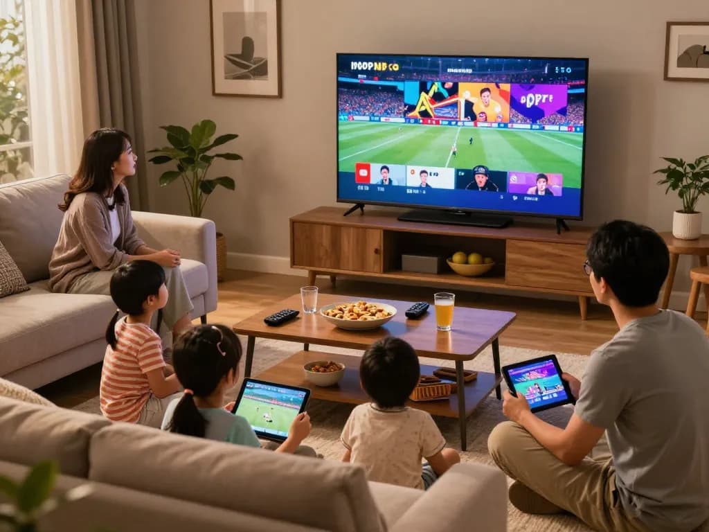 Gezin geniet van IPTV Nederland in een gezellige woonkamer, levendige inhoud op Smart TV.