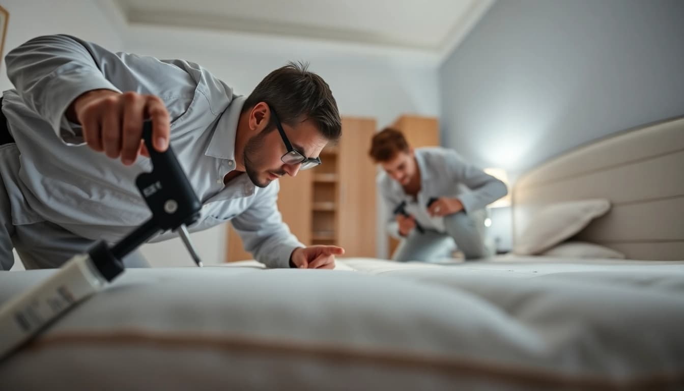 Bed bug exterminators inspecting a mattress in a clean bedroom environment.
