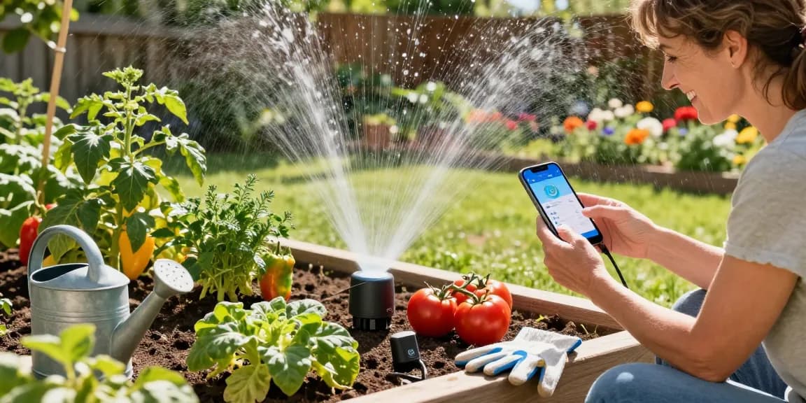 Smart sprinkler system in action as a woman adjusts her gardening app in a vibrant vegetable garden.