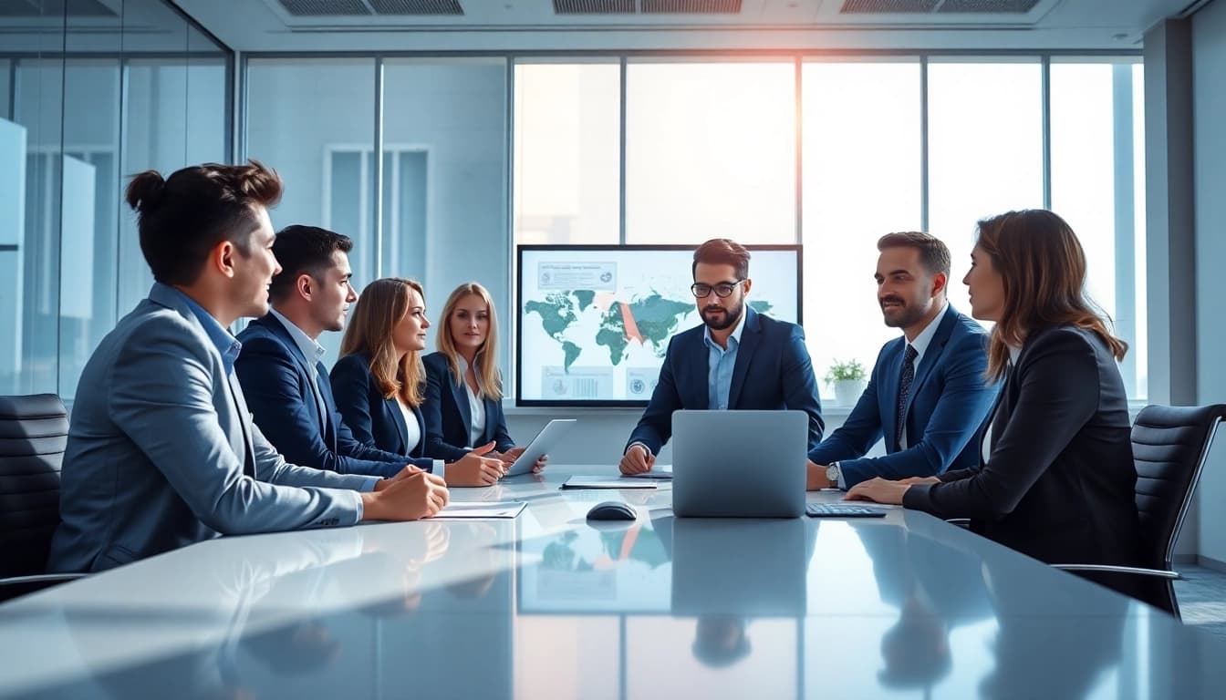 Engage in business discussions with diverse professionals in a modern office environment.