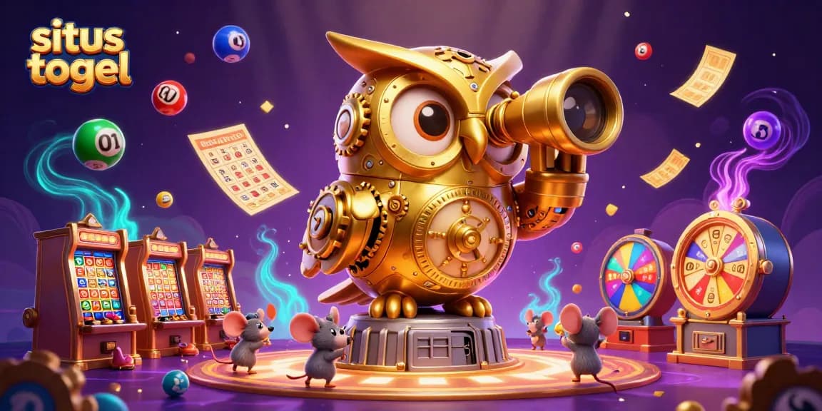 Engage with situs togel in an ultra-detailed 3D vibrant casino scene, featuring a golden owl, colorful lottery balls, and festive decorations.