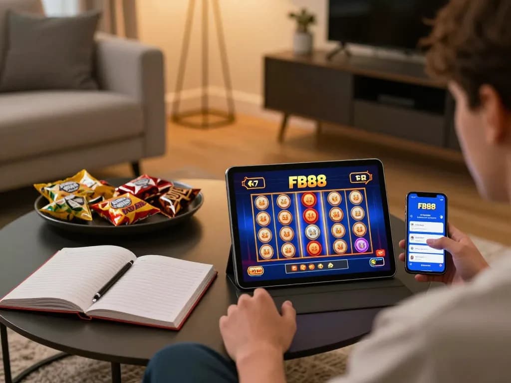 Player immersing in FB88 online casino games on tablet, cozy home atmosphere with snacks and strategy notes