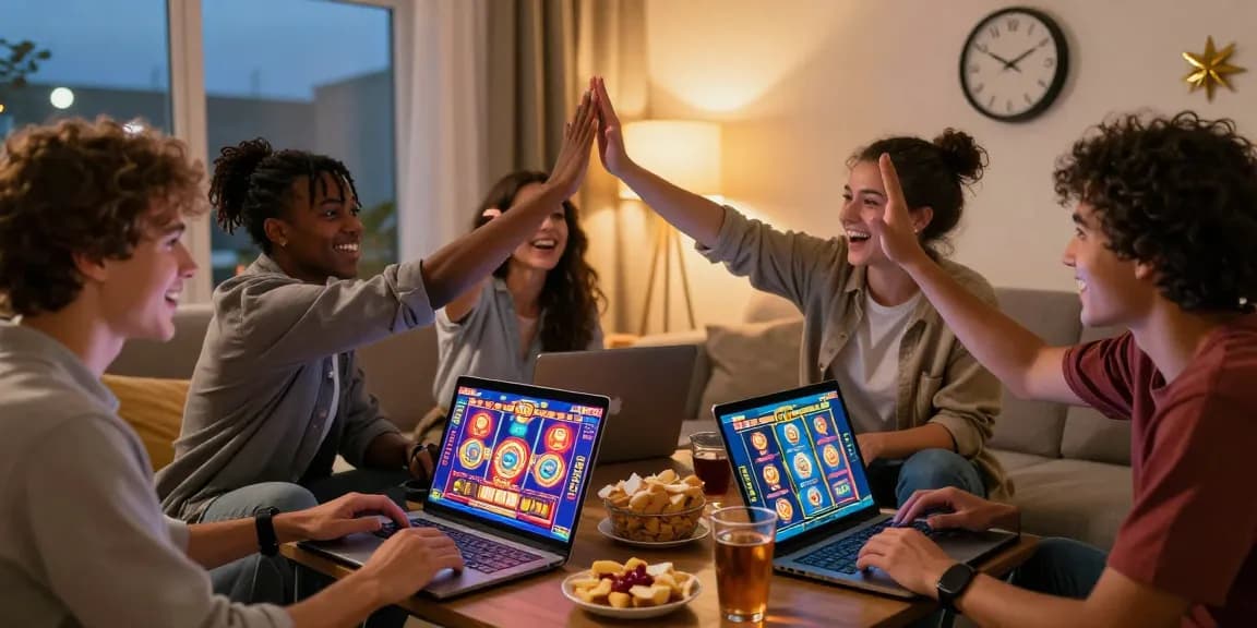 Friends celebrating while playing slot games online, showcasing a vibrant atmosphere and engaging experience.