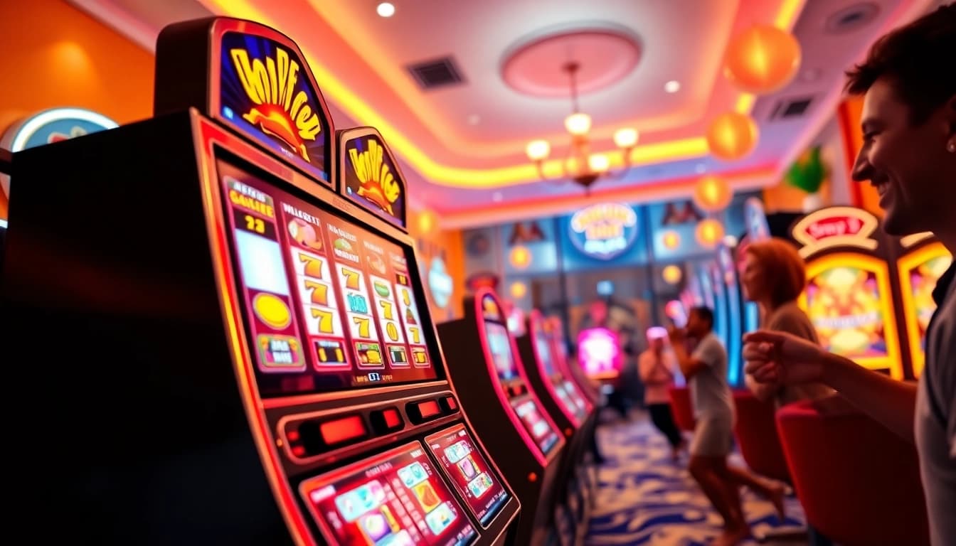 Slot77 mesin permainan dengan pemain yang antusias dan lampu yang memikat.