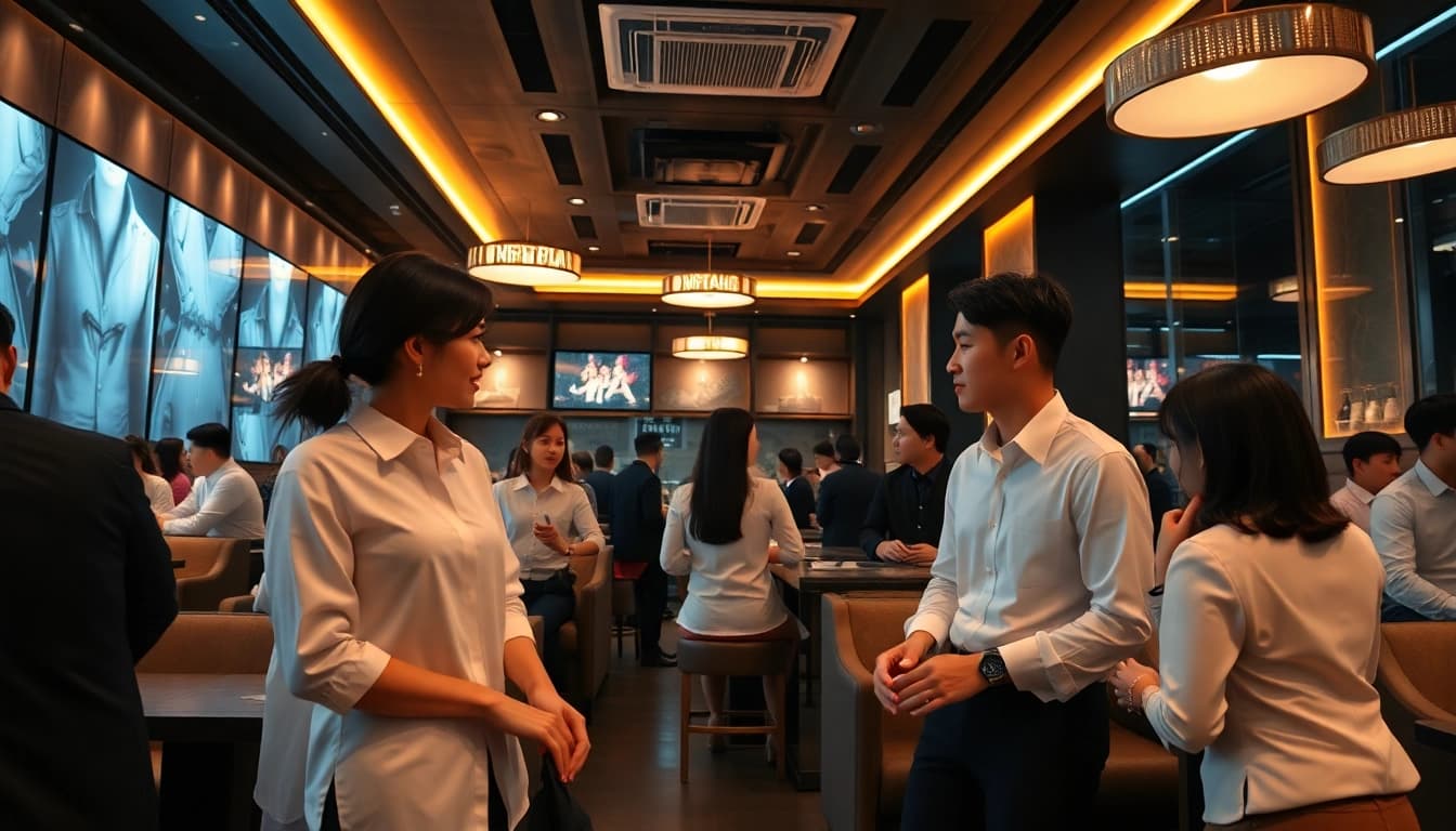 Stylish karaoke venue in Suwon, showcasing the unique shirt concept of gdmc.bio with elegant managers and luxury decor.