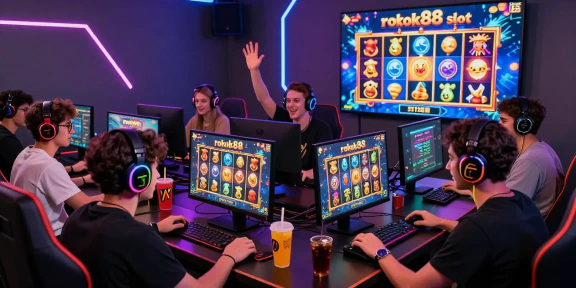 Excited group playing rokok88 slot in a vibrant digital gaming environment with dynamic screens.