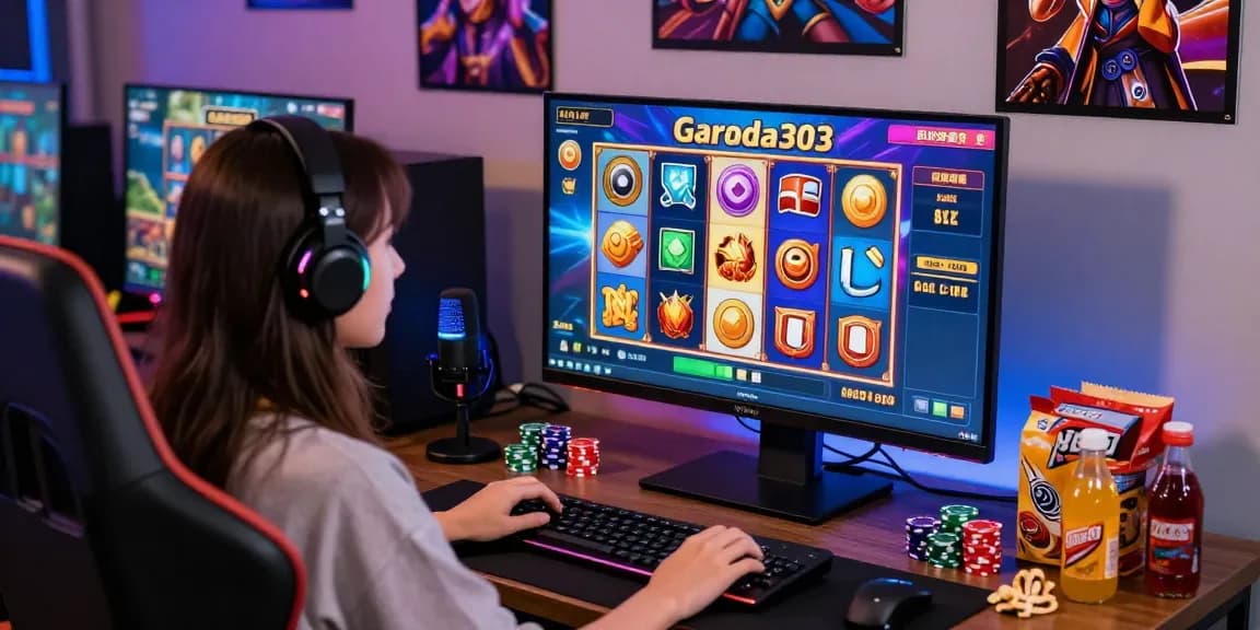 Exciting gameplay of garuda303 slot on vibrant desktop with snacks and gaming setup.