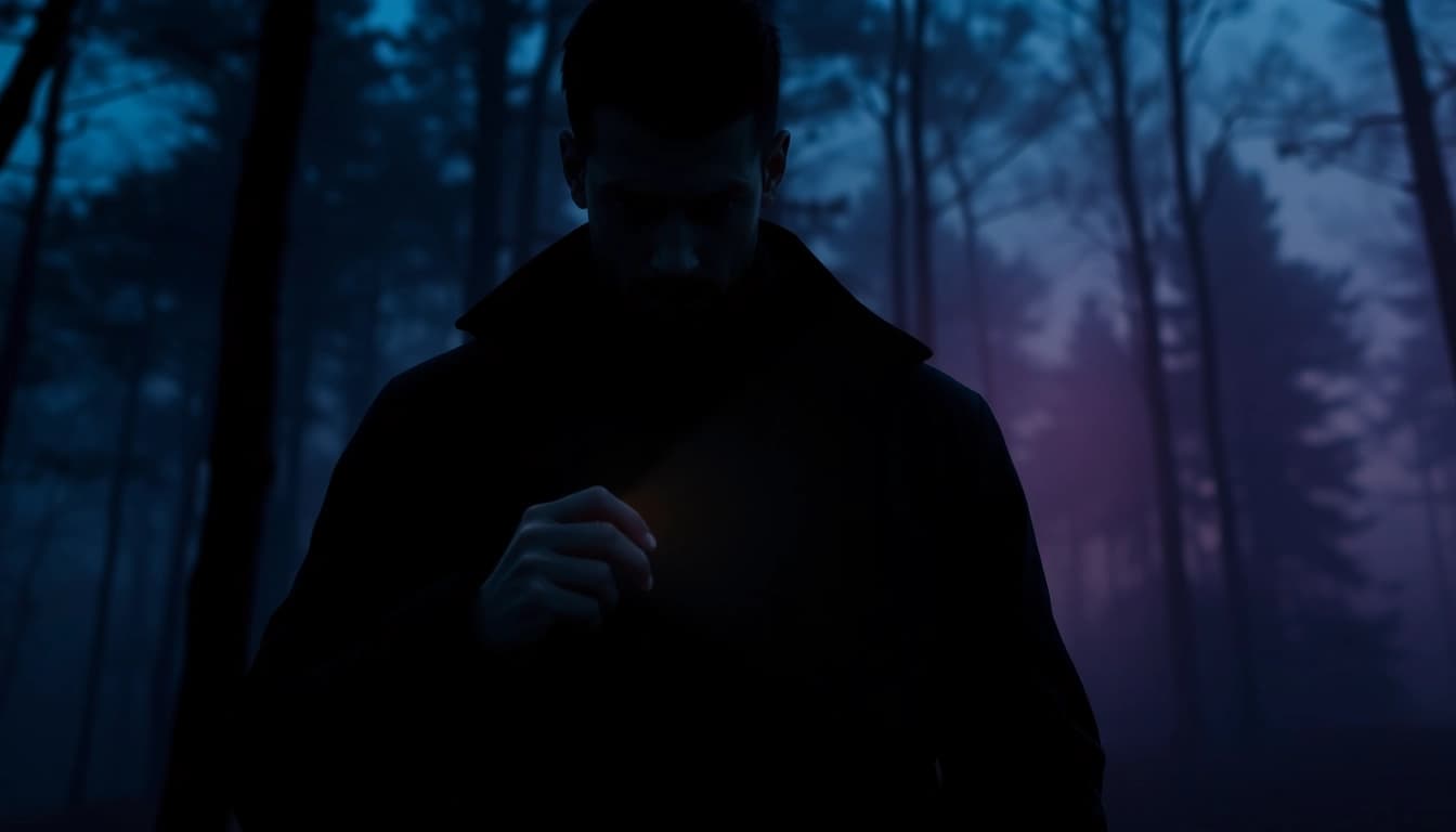 Evoking suspense in a Clean thriller book cover featuring a mysterious figure in the forest.