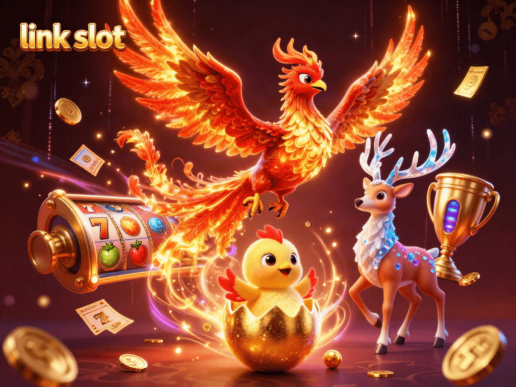 Spin the link slot reels with a vibrant phoenix and casino elements in this stunning illustration.