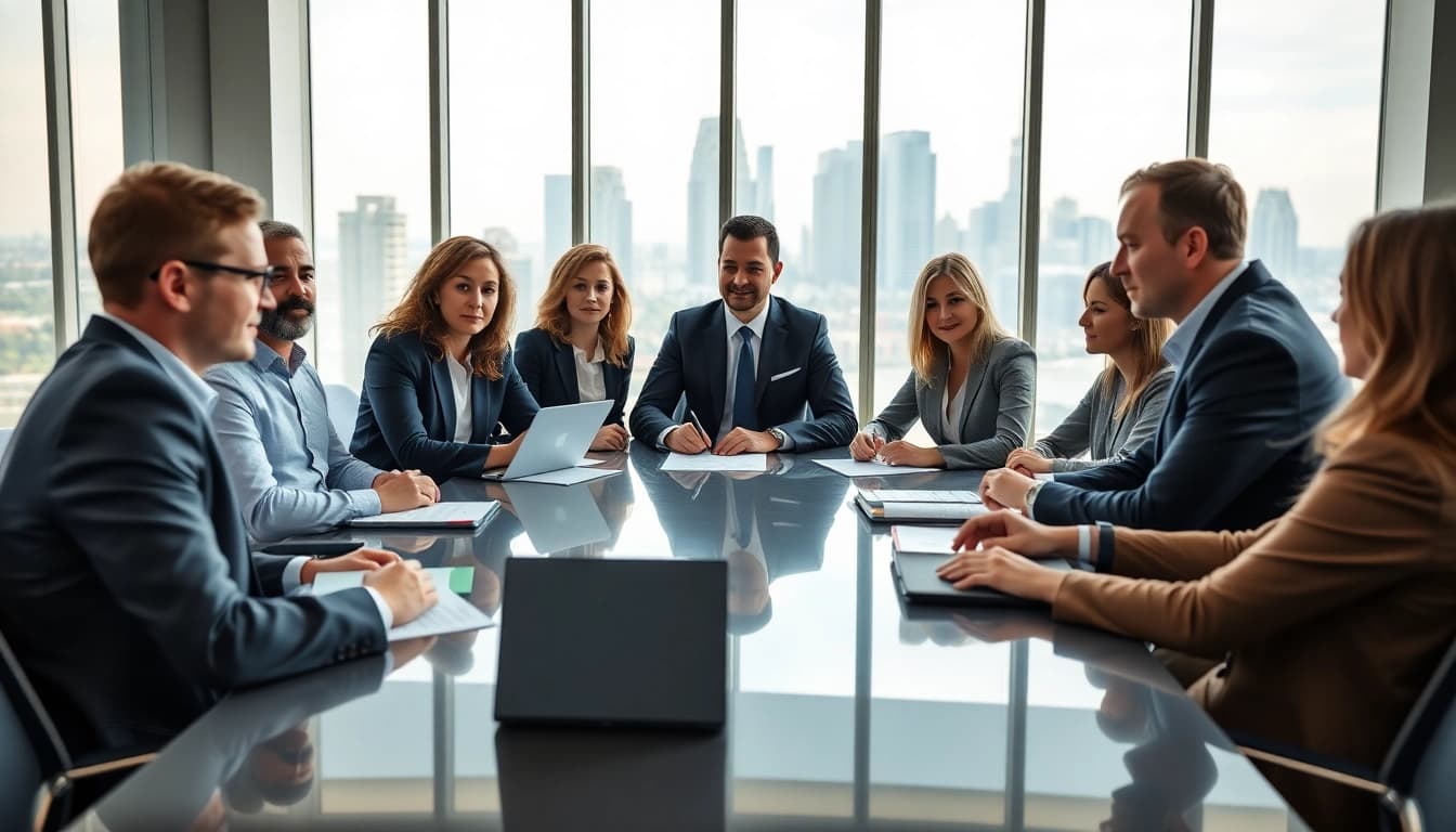 Engaged legal professionals discussing strategies at https://www.turnpikelaw.com in a modern conference room.