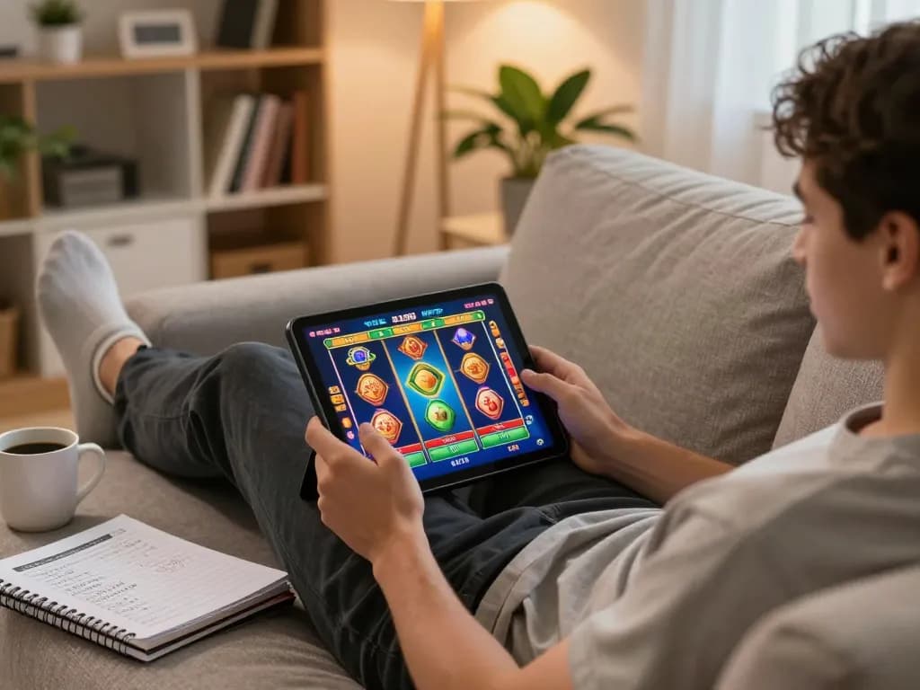 FAFA828 players enjoying online slots on a tablet at home, blending comfort with gaming excitement.