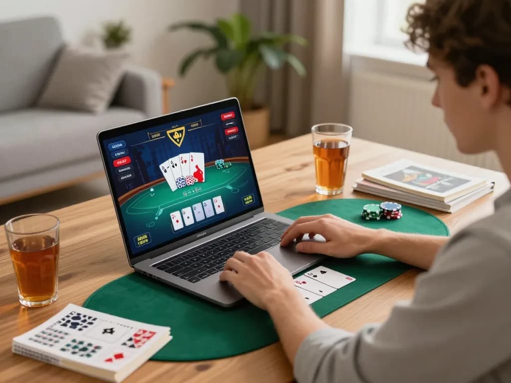 vipwin user engaging in online poker session at home, showcasing strategic gameplay and cozy atmosphere