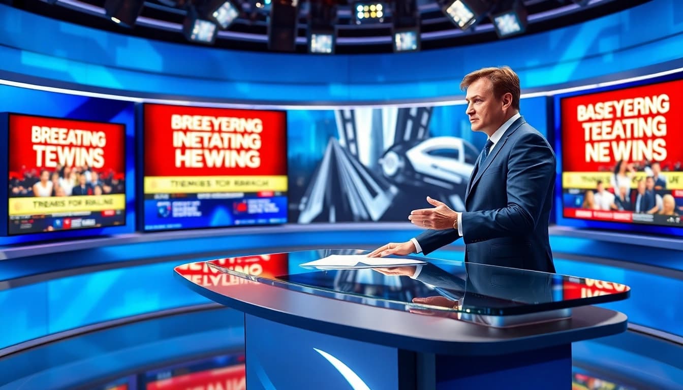 Engaging news anchor delivering the latest News in a state-of-the-art studio.
