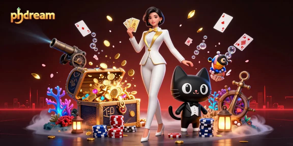 Engage with phdream's vibrant casino scene, where a stylish woman shuffles cards amid golden treasures and glowing gems.