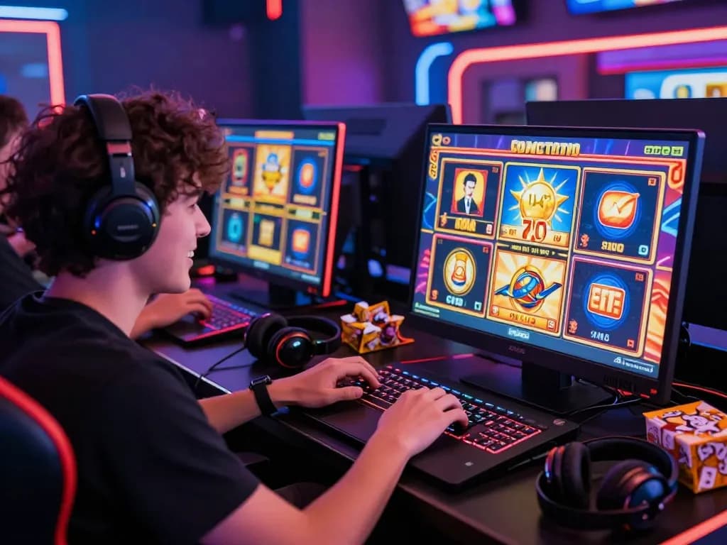 Person enjoying online slot games with BAYITOTO on laptop, colorful visuals, and vibrant atmosphere.
