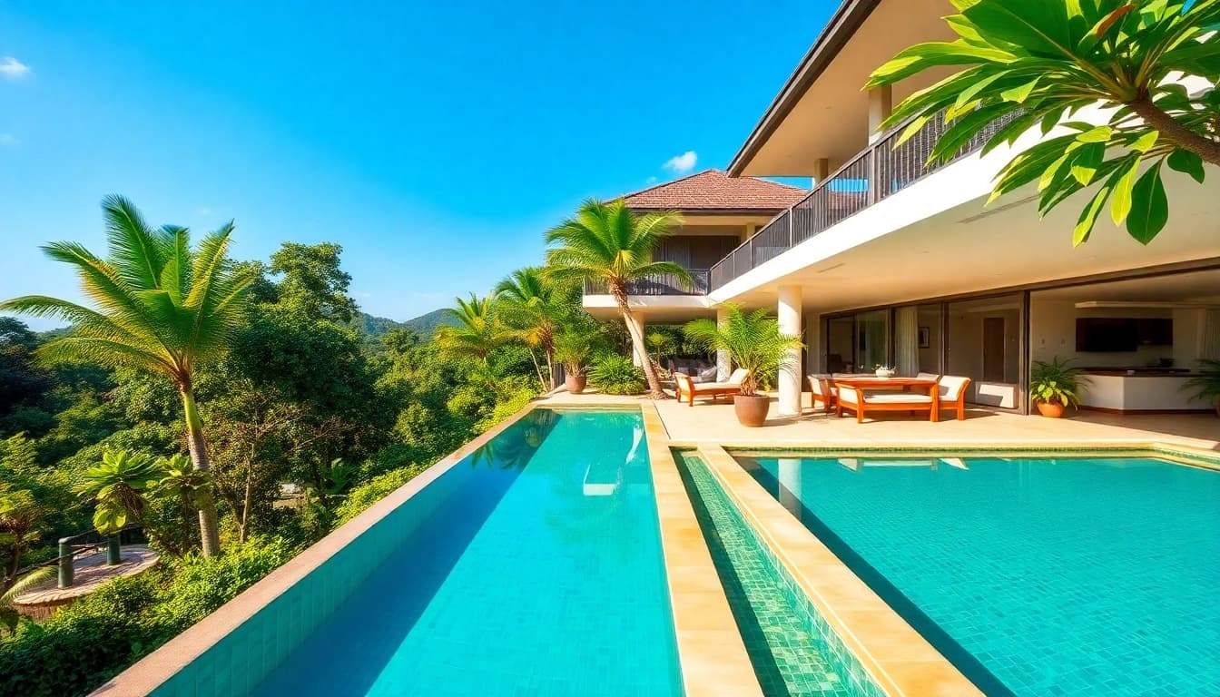 Villa management Phuket: overseeing a beautiful tropical villa with a pool and lush gardens in the sunlight.