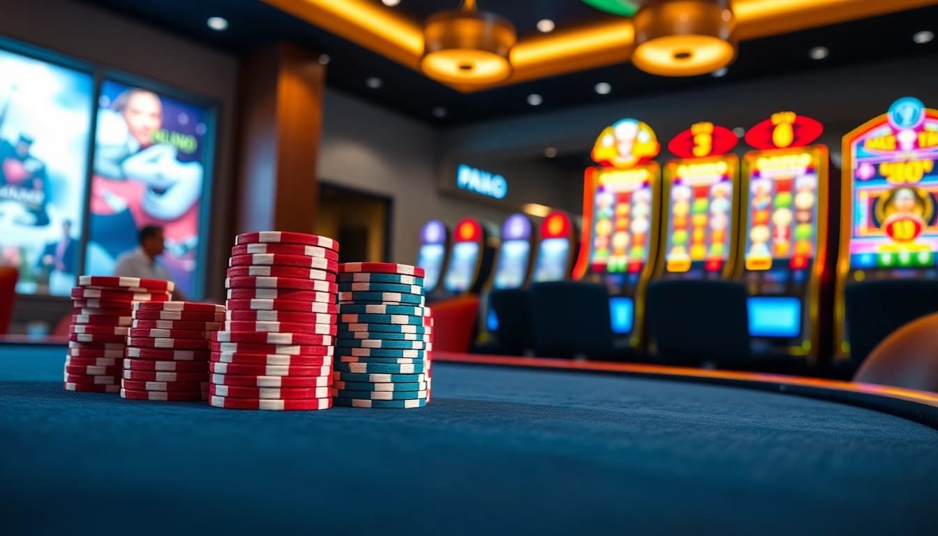 Experience engaging gameplay at an Online casino Uk with vibrant poker chips and slot machines.