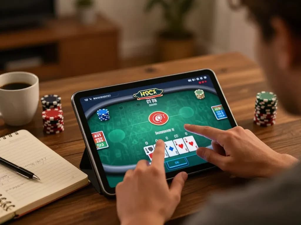 Player placing strategic bets on vipwin tablet interface in cozy home setting.