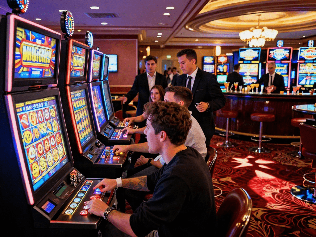 Excited players engaging with slot machines showcasing a slot bonus feature in a lively casino environment.