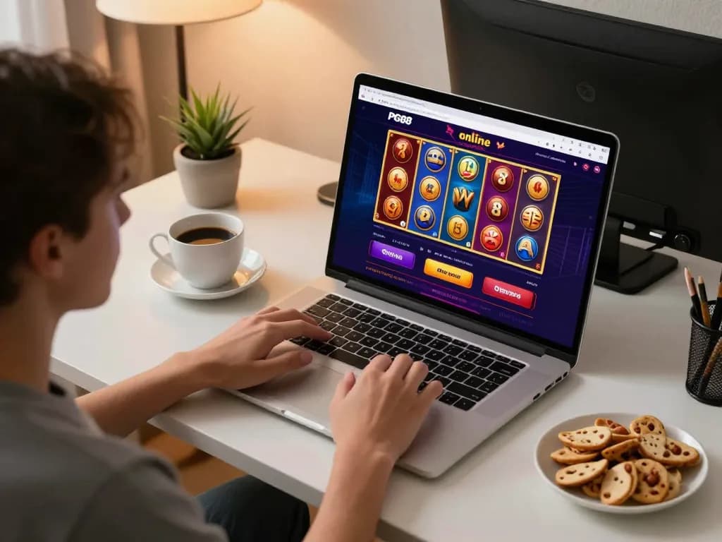 Engaging with PG88's online casino platform in a cozy home setting with snacks