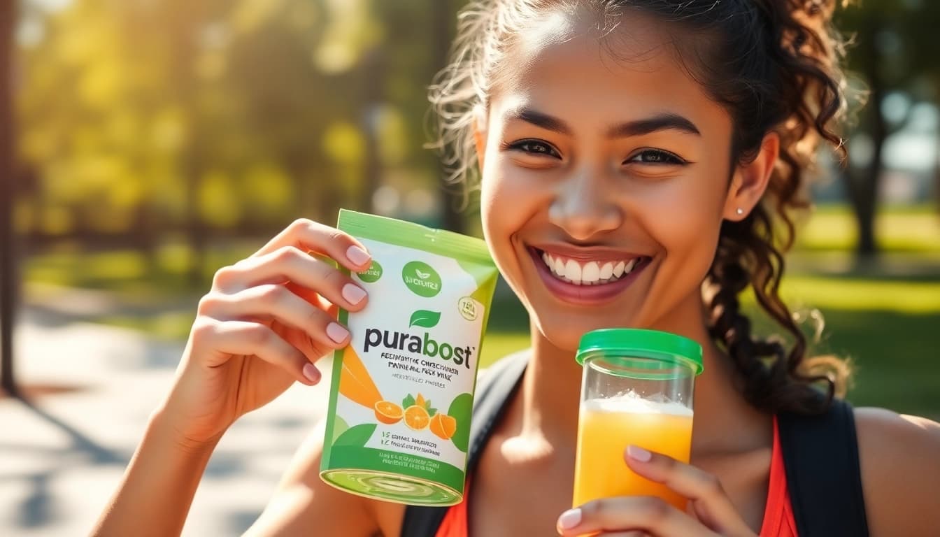 Puraboost drink mix in the hands of an active individual enjoying a refreshing boost outdoors