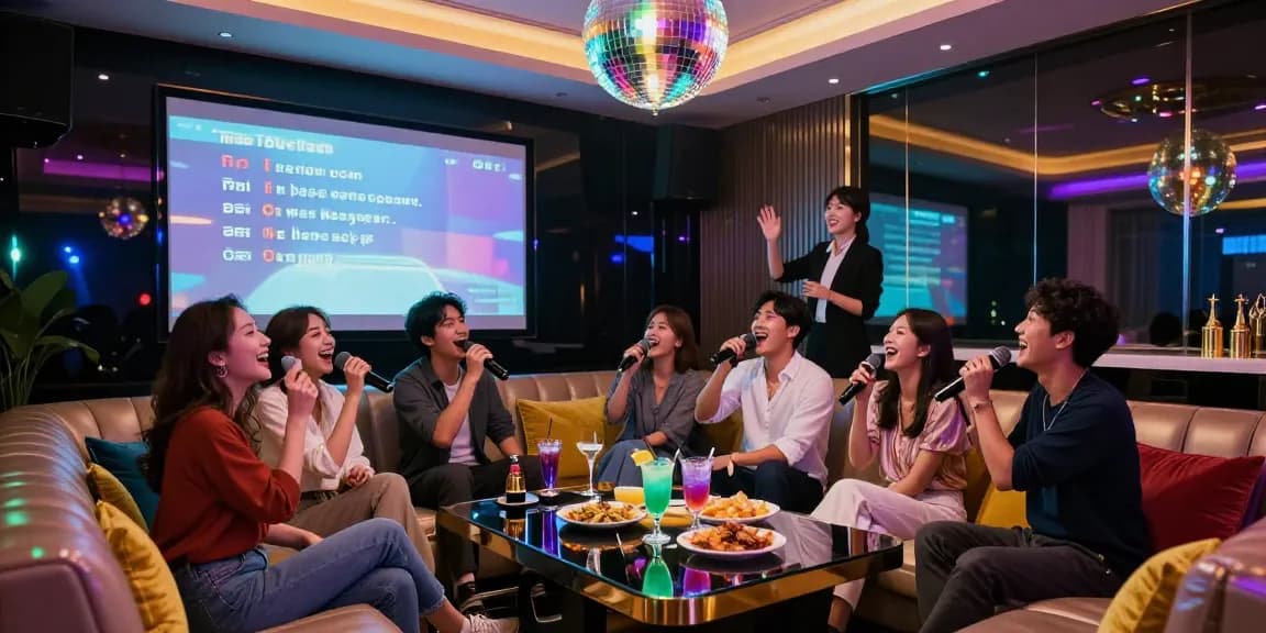 강남 가라오케에서 노래하며 즐거운 시간을 보내는 친구들, 화려한 조명과 음료가 있는 모습.