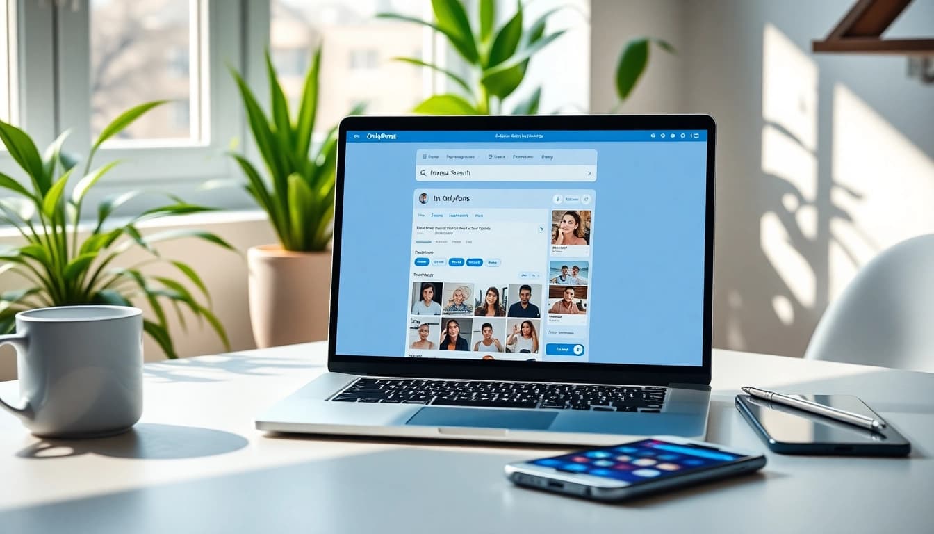 OnlyFans reverse image search interface displayed on a modern laptop in a bright workspace.