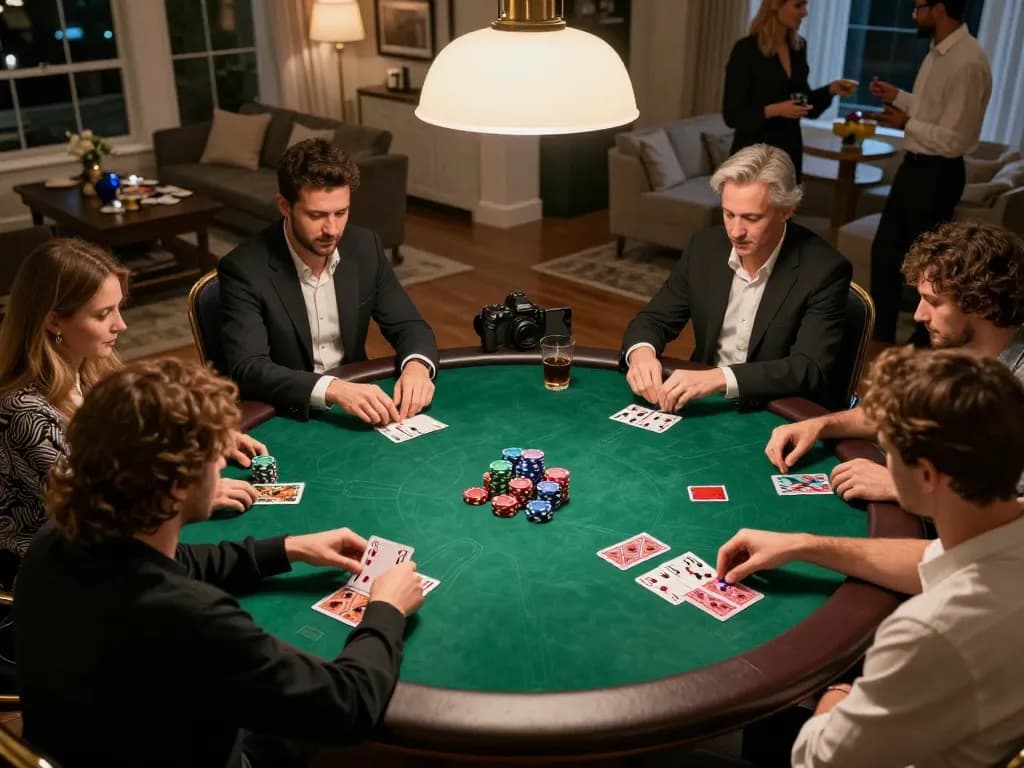 Players engaging in a thrilling home poker night at Nk88, with drinks and chips visible.