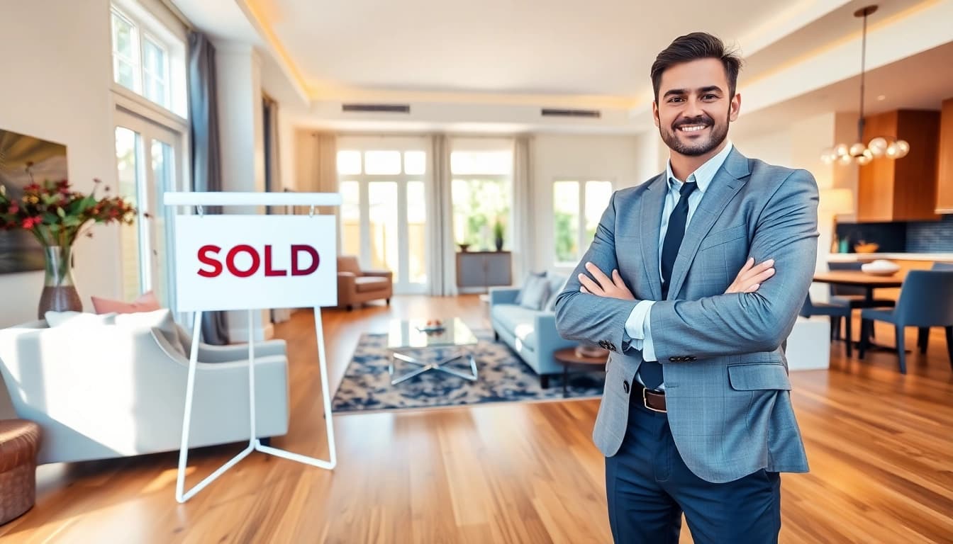 Real Estate agent presenting a stylish home interior with warm lighting and inviting ambiance.